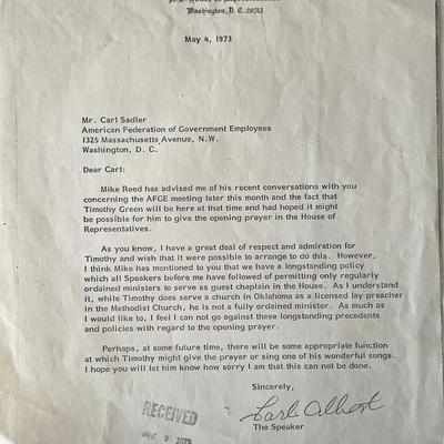 US House of Representatives Carl Albert signed letter