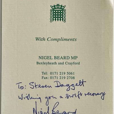 Member of Parliament Nigel Beard signed note