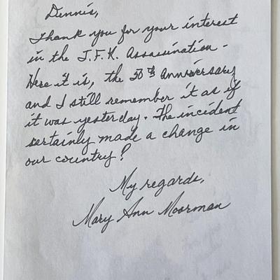 JFK assassination witness Mary Ann Moorman signed note