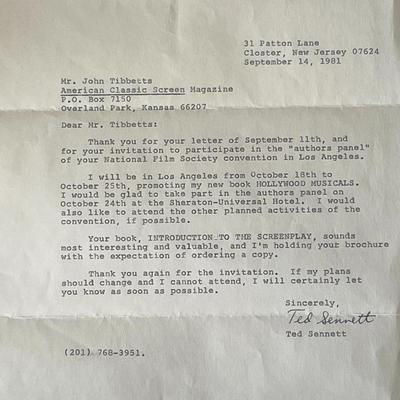 Author Ted Sennett signed letter