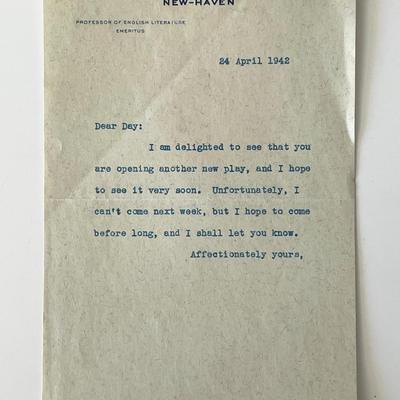 Yale Professor W.M. Lyon Phelps signed note
