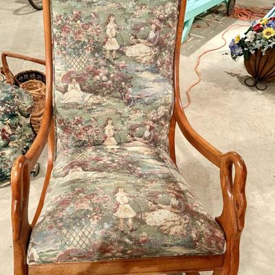 Wood swan armed rocking chair with toile upholstery