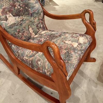Wood swan armed rocking chair with toile upholstery