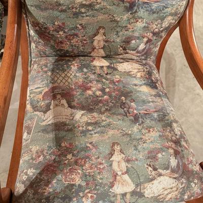 Wood swan armed rocking chair with toile upholstery