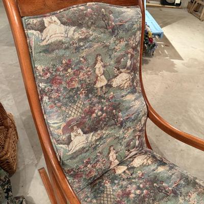 Wood swan armed rocking chair with toile upholstery