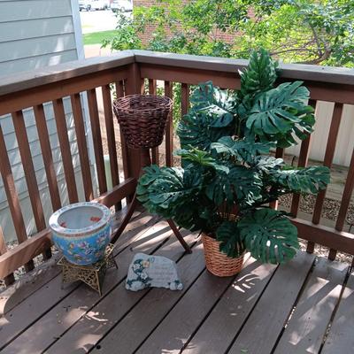 FAUX PLANT, BRASS PLANT STAND, KOI THEMED PLANTER, FAKE ROCK W/WORDS AND A WICKER PLANT STAND