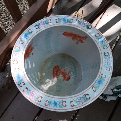 FAUX PLANT, BRASS PLANT STAND, KOI THEMED PLANTER, FAKE ROCK W/WORDS AND A WICKER PLANT STAND
