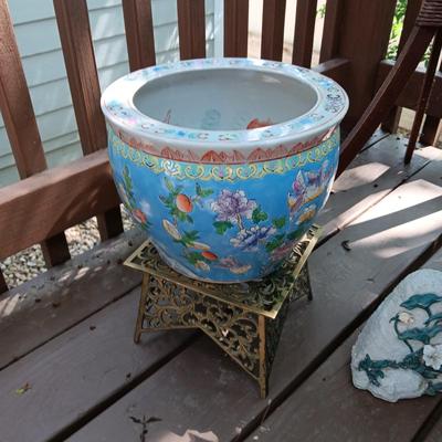 FAUX PLANT, BRASS PLANT STAND, KOI THEMED PLANTER, FAKE ROCK W/WORDS AND A WICKER PLANT STAND