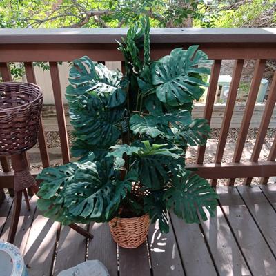 FAUX PLANT, BRASS PLANT STAND, KOI THEMED PLANTER, FAKE ROCK W/WORDS AND A WICKER PLANT STAND