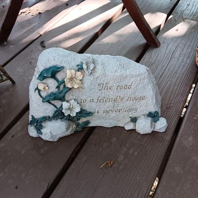 FAUX PLANT, BRASS PLANT STAND, KOI THEMED PLANTER, FAKE ROCK W/WORDS AND A WICKER PLANT STAND