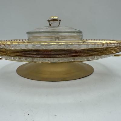 Vtg. 1950's Glass & Gold Lazy Susan & Relish Dish
