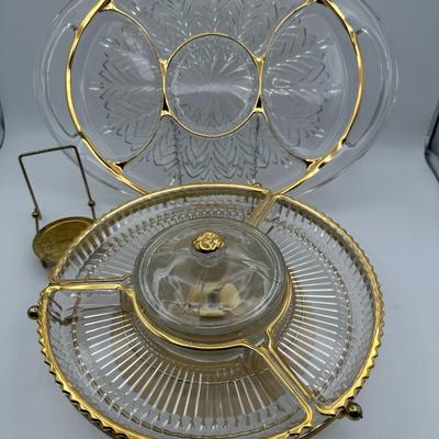 Vtg. 1950's Glass & Gold Lazy Susan & Relish Dish