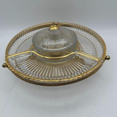 Vtg. 1950's Glass & Gold Lazy Susan & Relish Dish