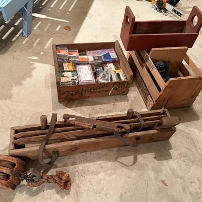 Antique tools and boxes