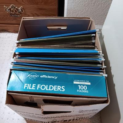 2 DRAWER FILING CABINET, HANGING FOLDERS AND FILE FOLDERS PLUS A FULL BOX OF COMPUTER PAPER