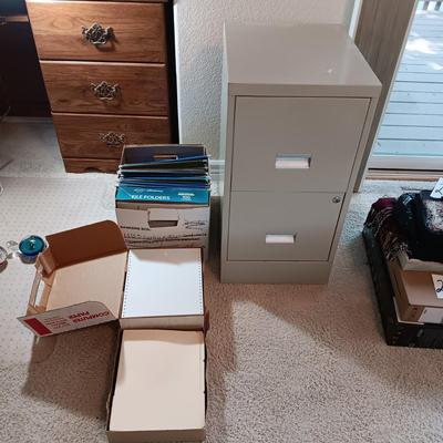 2 DRAWER FILING CABINET, HANGING FOLDERS AND FILE FOLDERS PLUS A FULL BOX OF COMPUTER PAPER