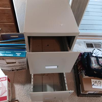 2 DRAWER FILING CABINET, HANGING FOLDERS AND FILE FOLDERS PLUS A FULL BOX OF COMPUTER PAPER