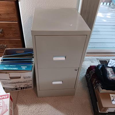 2 DRAWER FILING CABINET, HANGING FOLDERS AND FILE FOLDERS PLUS A FULL BOX OF COMPUTER PAPER