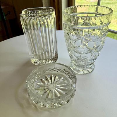 Two beautiful crystal vases and dish