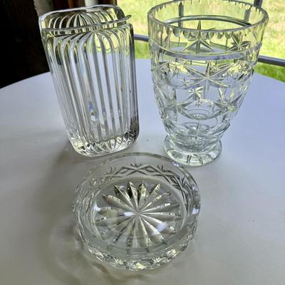 Two beautiful crystal vases and dish