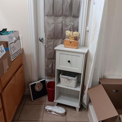 SMALL CABINET WITH DRAWER, SCALE, SLIPPERS OVER THE DOOR SHOE ORGANIZER AND MORE
