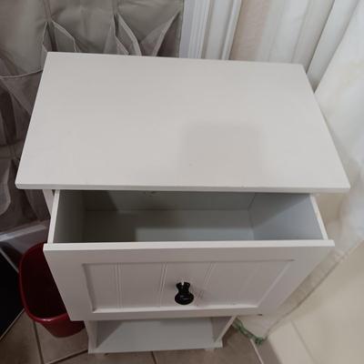 SMALL CABINET WITH DRAWER, SCALE, SLIPPERS OVER THE DOOR SHOE ORGANIZER AND MORE