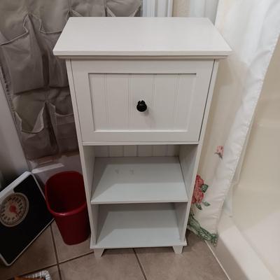 SMALL CABINET WITH DRAWER, SCALE, SLIPPERS OVER THE DOOR SHOE ORGANIZER AND MORE