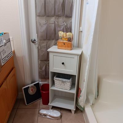 SMALL CABINET WITH DRAWER, SCALE, SLIPPERS OVER THE DOOR SHOE ORGANIZER AND MORE