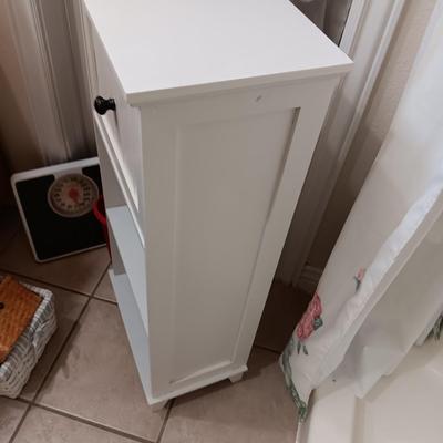 SMALL CABINET WITH DRAWER, SCALE, SLIPPERS OVER THE DOOR SHOE ORGANIZER AND MORE