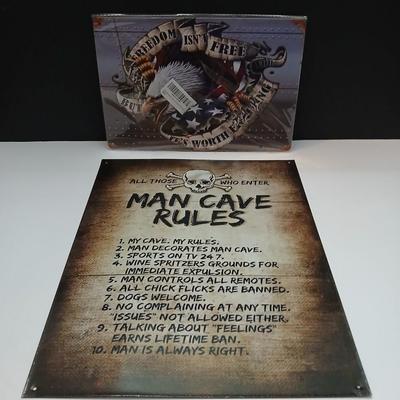 Man Cave & Patriotic Metal Sign Lot – 2-Piece Humor + Americana Decor