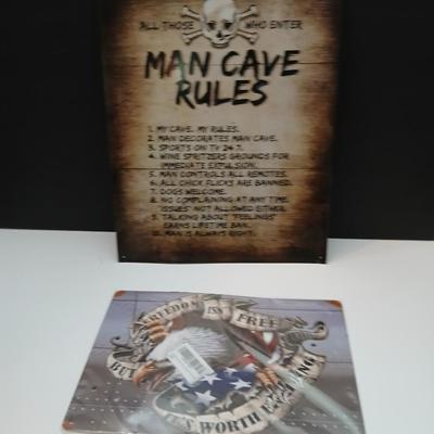 Man Cave & Patriotic Metal Sign Lot – 2-Piece Humor + Americana Decor