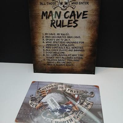 Man Cave & Patriotic Metal Sign Lot – 2-Piece Humor + Americana Decor