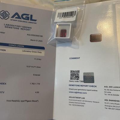 AGL certified 11.51 carat Lab Grown Pigeon Blood Ruby