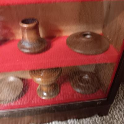 MINIATURE WOODEN VESSELS HANDMADE BY OUR CLIENT IN A HANDMADE DISPLAY CASE