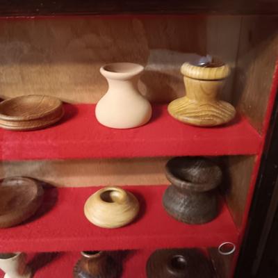 MINIATURE WOODEN VESSELS HANDMADE BY OUR CLIENT IN A HANDMADE DISPLAY CASE
