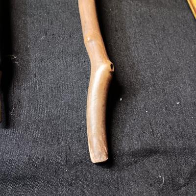 2 VINTAGE WOODEN CANES AND AN OLD UMBRELLA