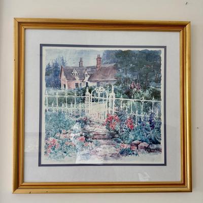 Signed Darton watercolor of gardens with white fence