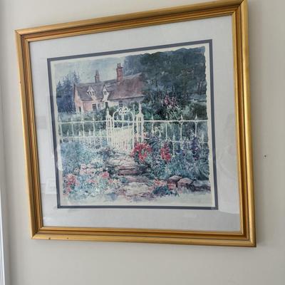 Signed Darton watercolor of gardens with white fence