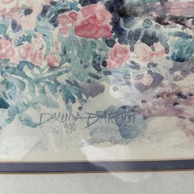 Signed Darton watercolor of gardens with white fence