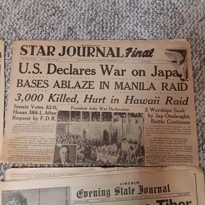 1941 - 1944 NEWSPAPER HEADLINES REGARDING WWII