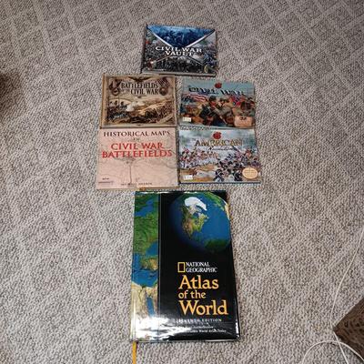 BOOKS ON CIVIL WAR AND A HUGE HARDBACK ATLAS OF THE WORLD