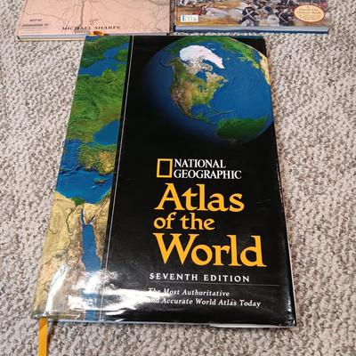 BOOKS ON CIVIL WAR AND A HUGE HARDBACK ATLAS OF THE WORLD
