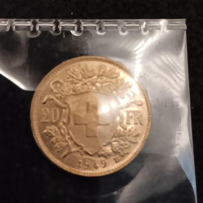 UNCIRCULATED 1949 HELVETIA 20 FRANCS SWISS GOLD COIN