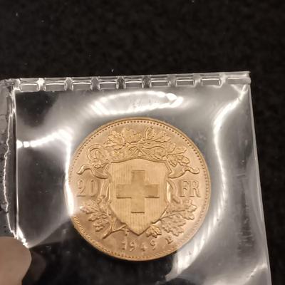 UNCIRCULATED 1949 HELVETIA 20 FRANCS SWISS GOLD COIN