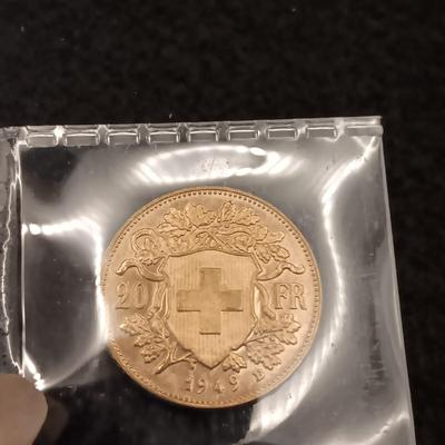 UNCIRCULATED 1949 HELVETIA 20 FRANCS SWISS GOLD COIN