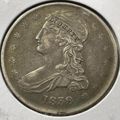 1838 Reeded Edge EF Condition Capped Bust Silver Half Dollar as Pictured.