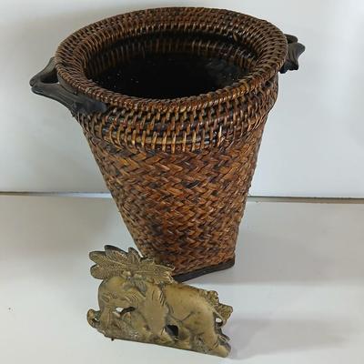 Vintage Wicker Basket & Brass / Metal Elephant door stop