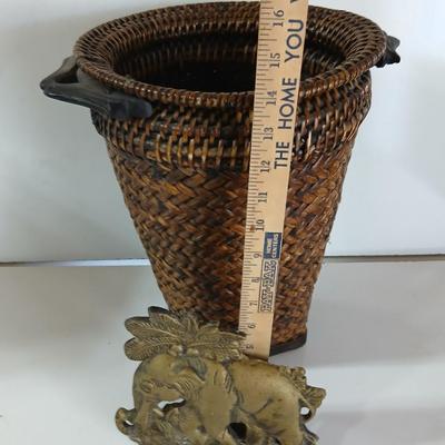 Vintage Wicker Basket & Brass / Metal Elephant door stop