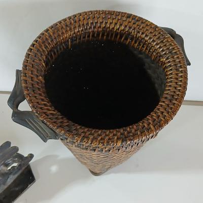 Vintage Wicker Basket & Brass / Metal Elephant door stop