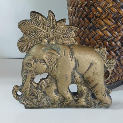 Vintage Wicker Basket & Brass / Metal Elephant door stop